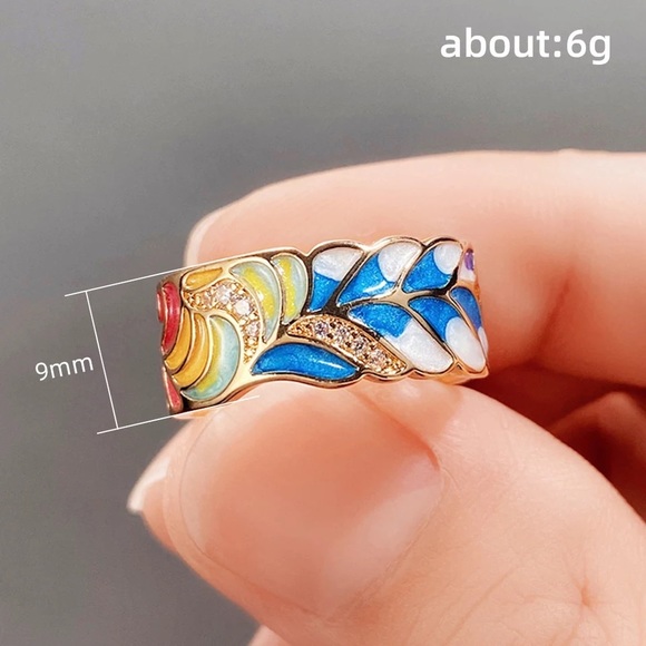 Anthropologie Jewelry - Anthro Personality Enamel Green Leaf Design Women Finger Ring Wide Band Vintage